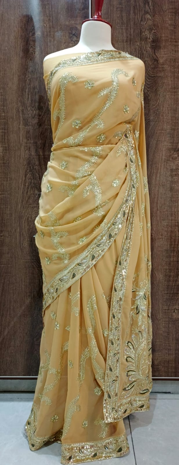 Elegant Light Golden-Beige Georgette Saree with Heavy Embroidery