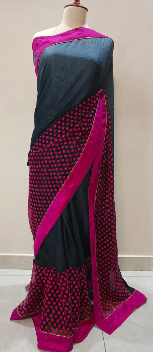 Elegant Black Grip Saree with Net Embroidered Pink Floral Border