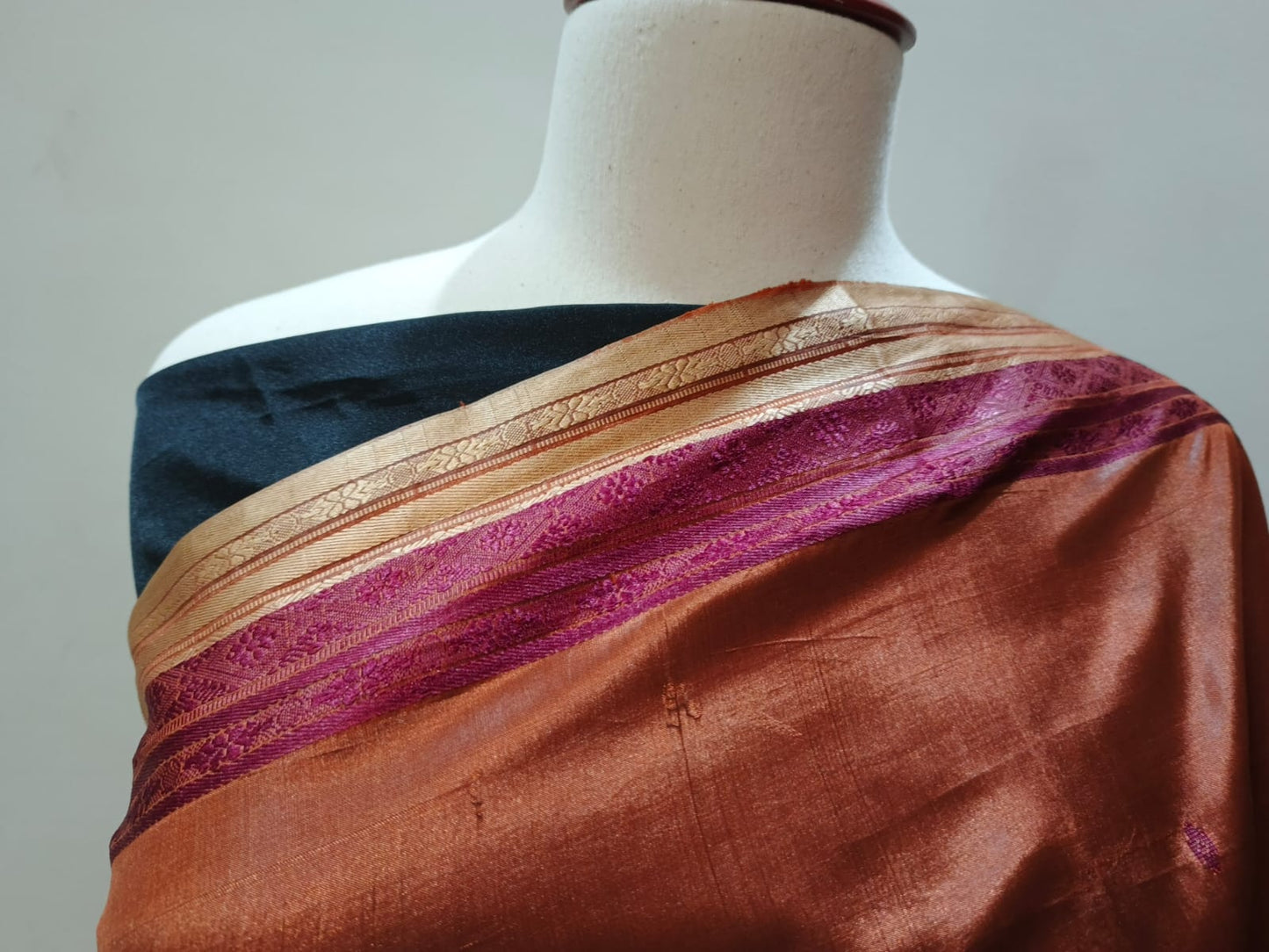 Regal Rust & Midnight Black Kanjeevaram Silk Saree with Zari Borders