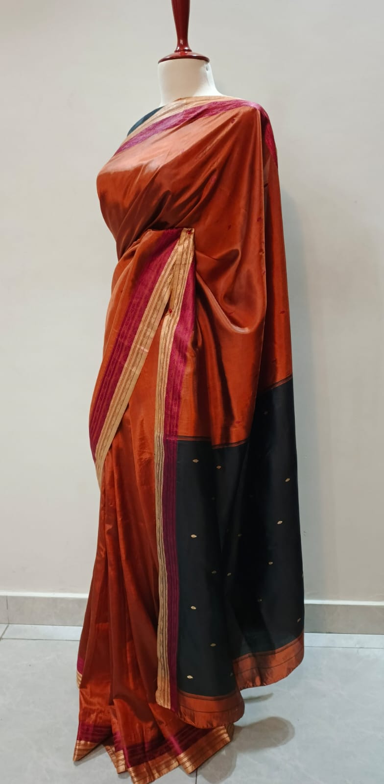 Regal Rust & Midnight Black Kanjeevaram Silk Saree with Zari Borders