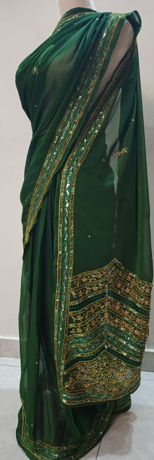 Deep Forest Green Stitched Silk Saree with Sequin and Zari Embroidery