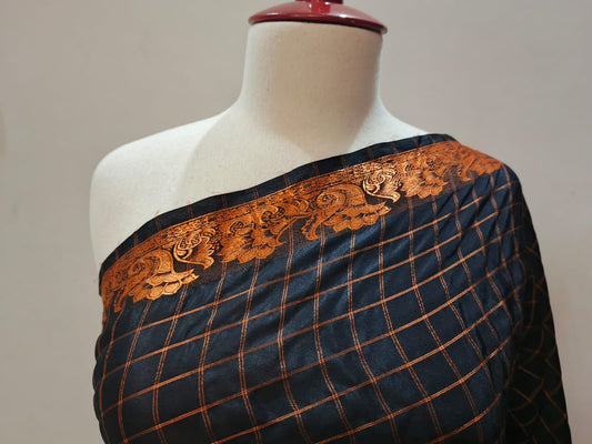 Stitched Black Silk Saree with Copper Zari Checks & Unstitched Matching Blouse Piece
