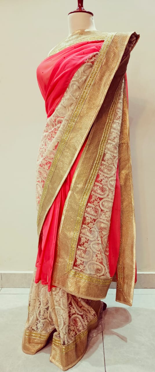 Elegant Stitched Coral Pink and Cream Designer Saree with Golden Embellished Border