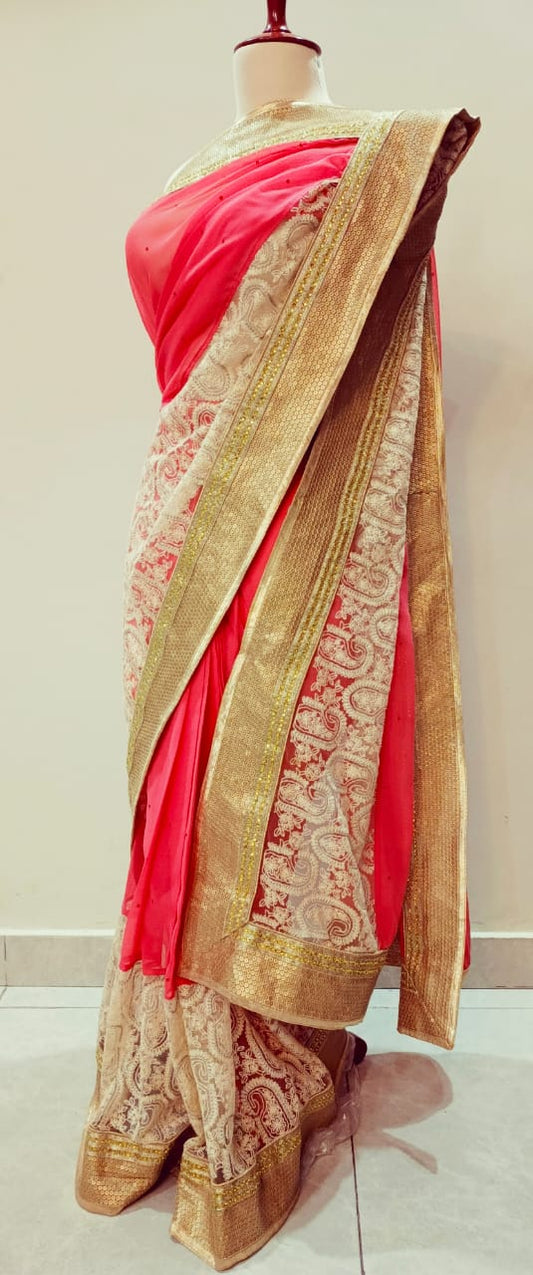 Elegant Stitched Coral Pink and Cream Designer Saree with Golden Embellished Border
