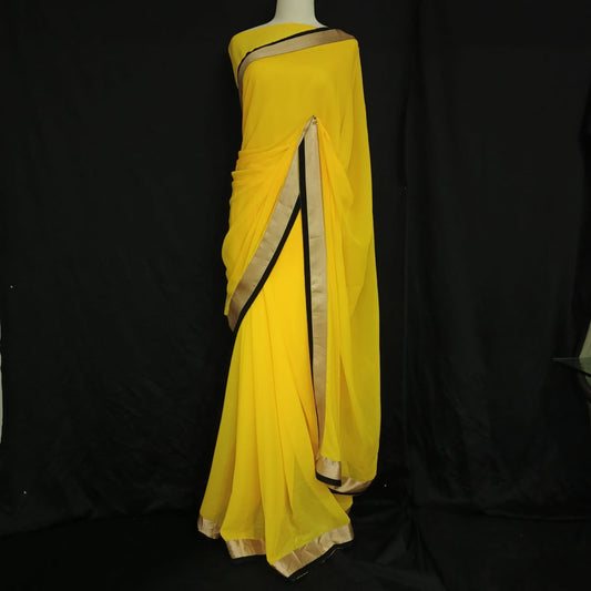Sunshine Glow Yellow Chiffon Saree with Elegant Black & Gold Border