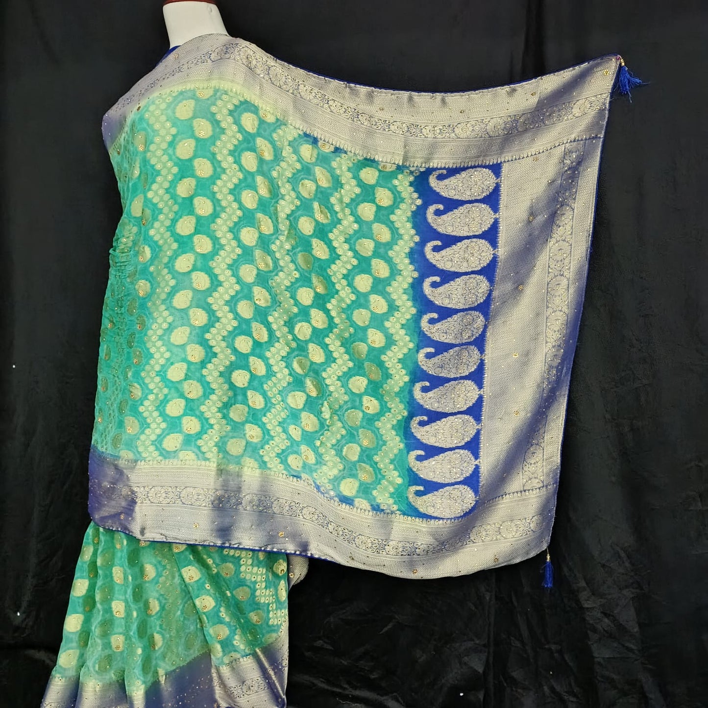 Aqua Green Chiffon Banarasi Saree with Royal Blue & Silver Zari Border