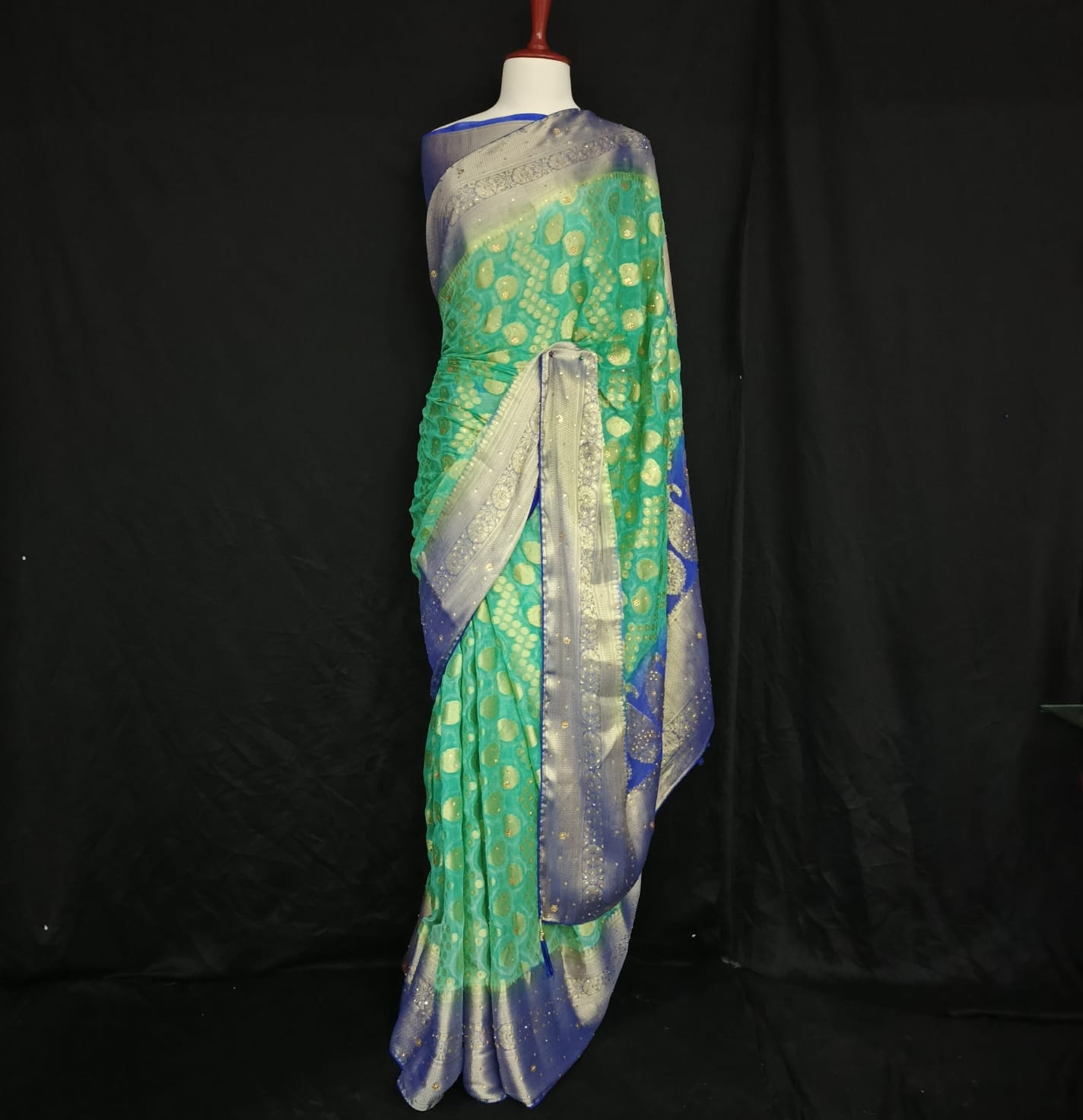 Aqua Green Chiffon Banarasi Saree with Royal Blue & Silver Zari Border