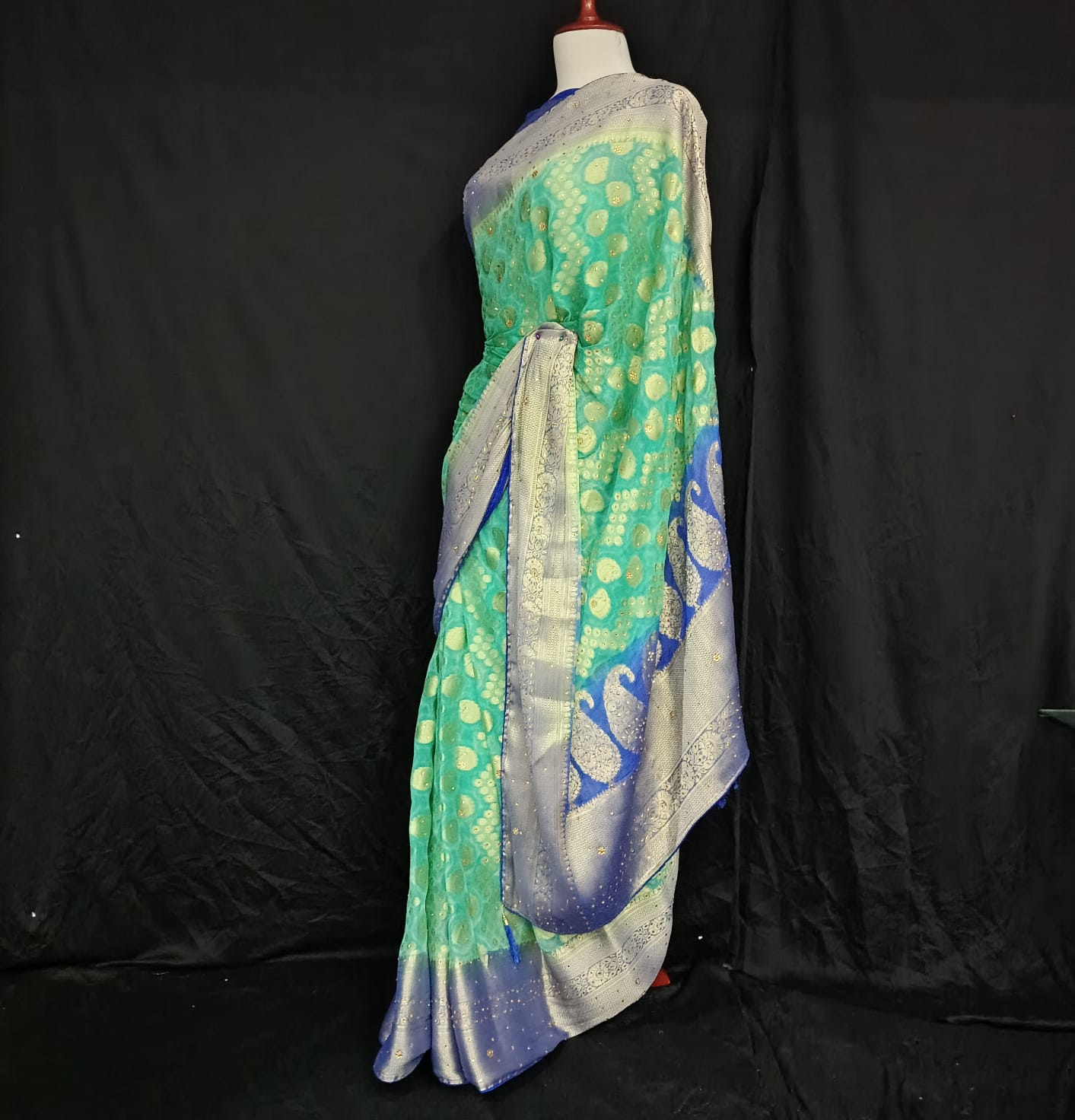 Aqua Green Chiffon Banarasi Saree with Royal Blue & Silver Zari Border