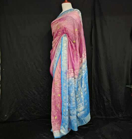 Pink Crushed Tissue Banarasi Saree with Blue Border & Green Floral Embroidery