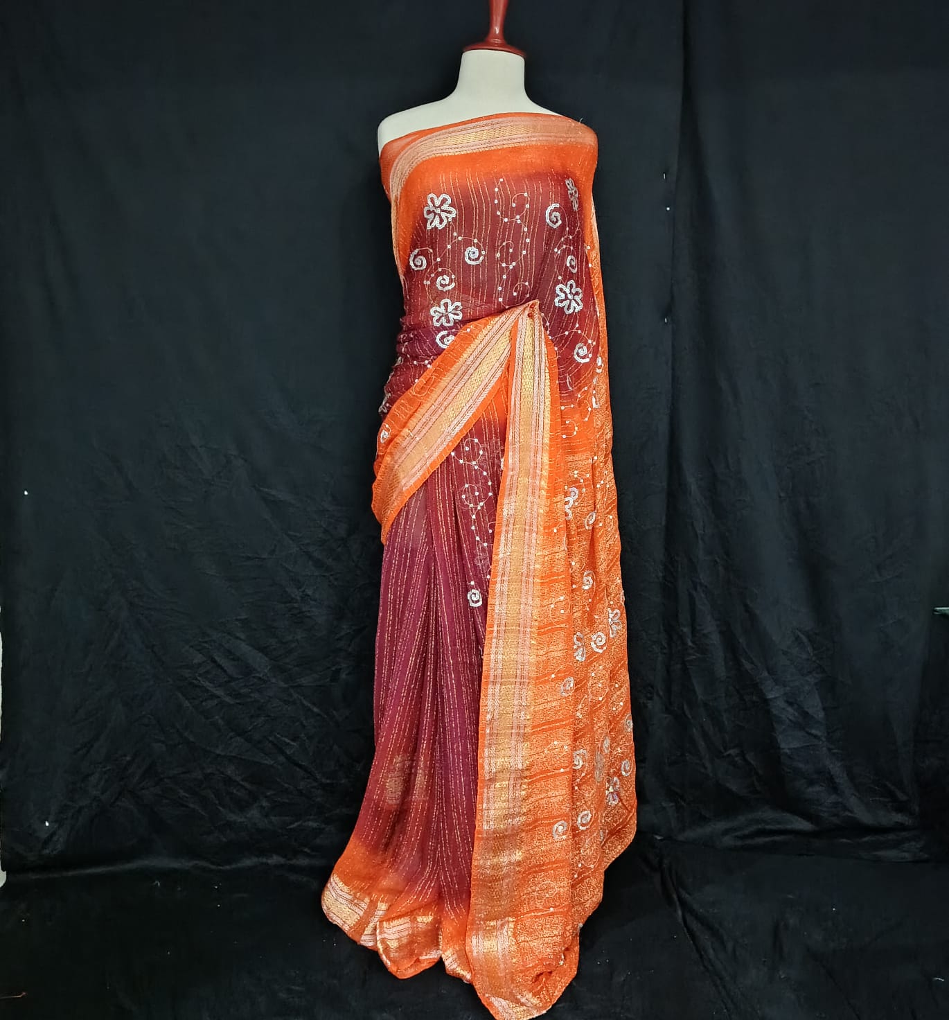 Ombre Orange to Maroon Embroidered Saree with Zari & Sequin Work