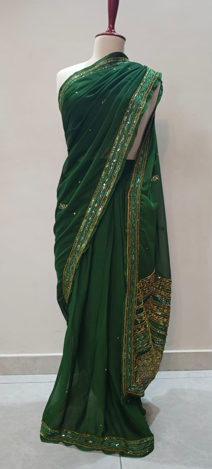 Deep Forest Green Stitched Silk Saree with Sequin and Zari Embroidery