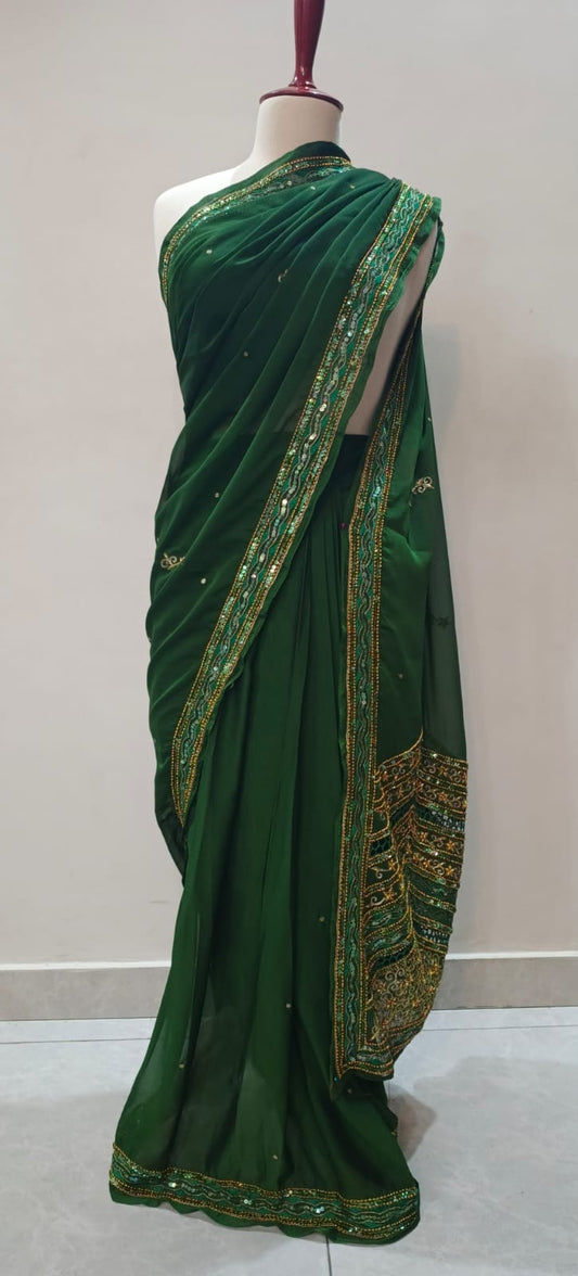 Deep Forest Green Stitched Silk Saree with Sequin and Zari Embroidery