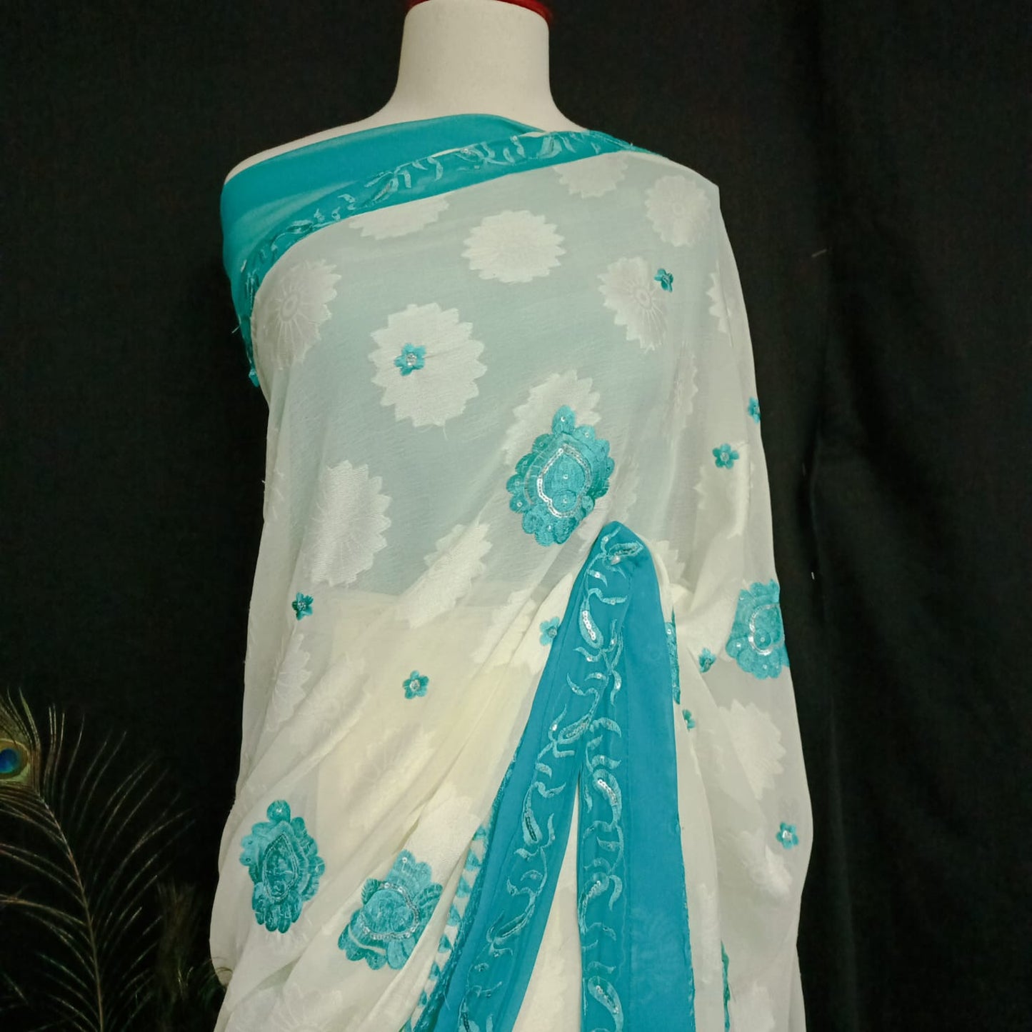 Elegant 7-Yard Broshia Chiffon  Saree with Light Sea Green Embroidery Work