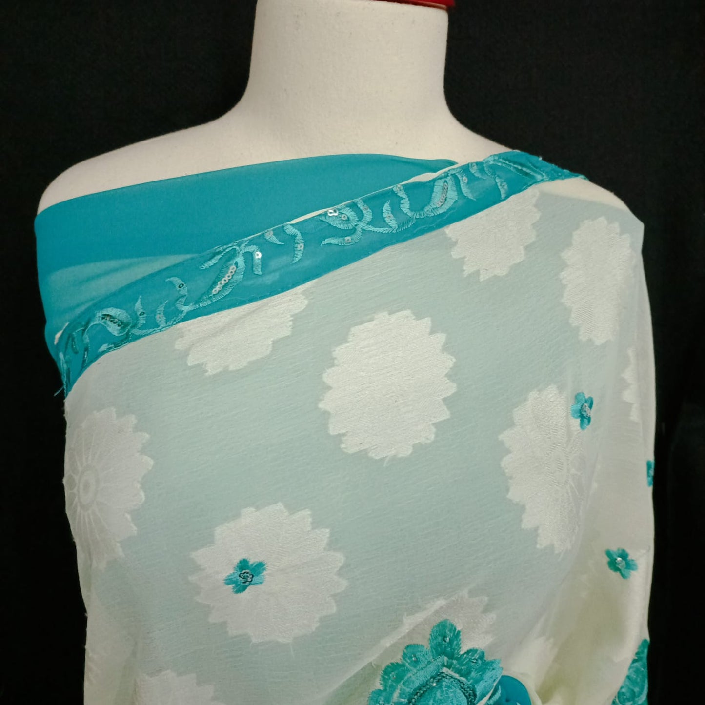 Elegant 7-Yard Broshia Chiffon  Saree with Light Sea Green Embroidery Work