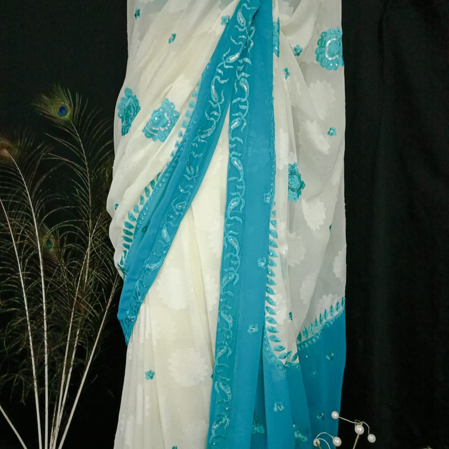 Elegant 7-Yard Broshia Chiffon  Saree with Light Sea Green Embroidery Work