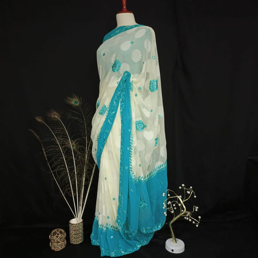 Elegant 7-Yard Broshia Chiffon  Saree with Light Sea Green Embroidery Work