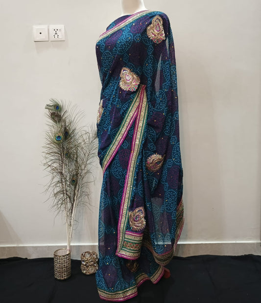 Royal Blue Chunri Saree with Zari and Thread Embroidery