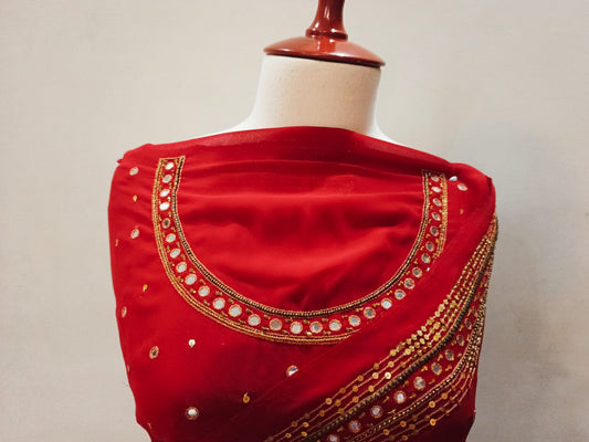 Bridal Red Georgette Chiffon Saree with Mirror Work