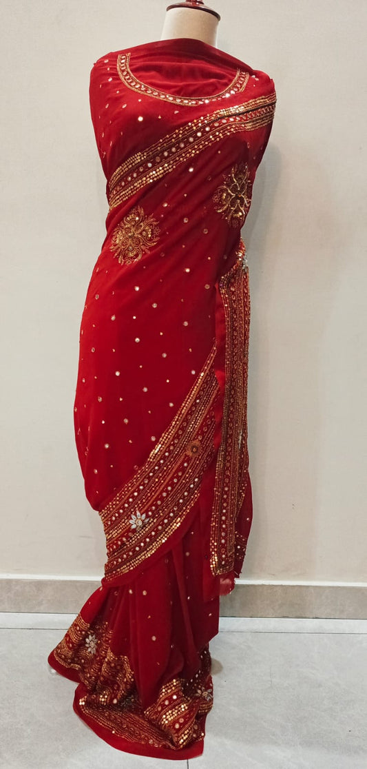 Bridal Red Georgette Chiffon Saree with Mirror Work