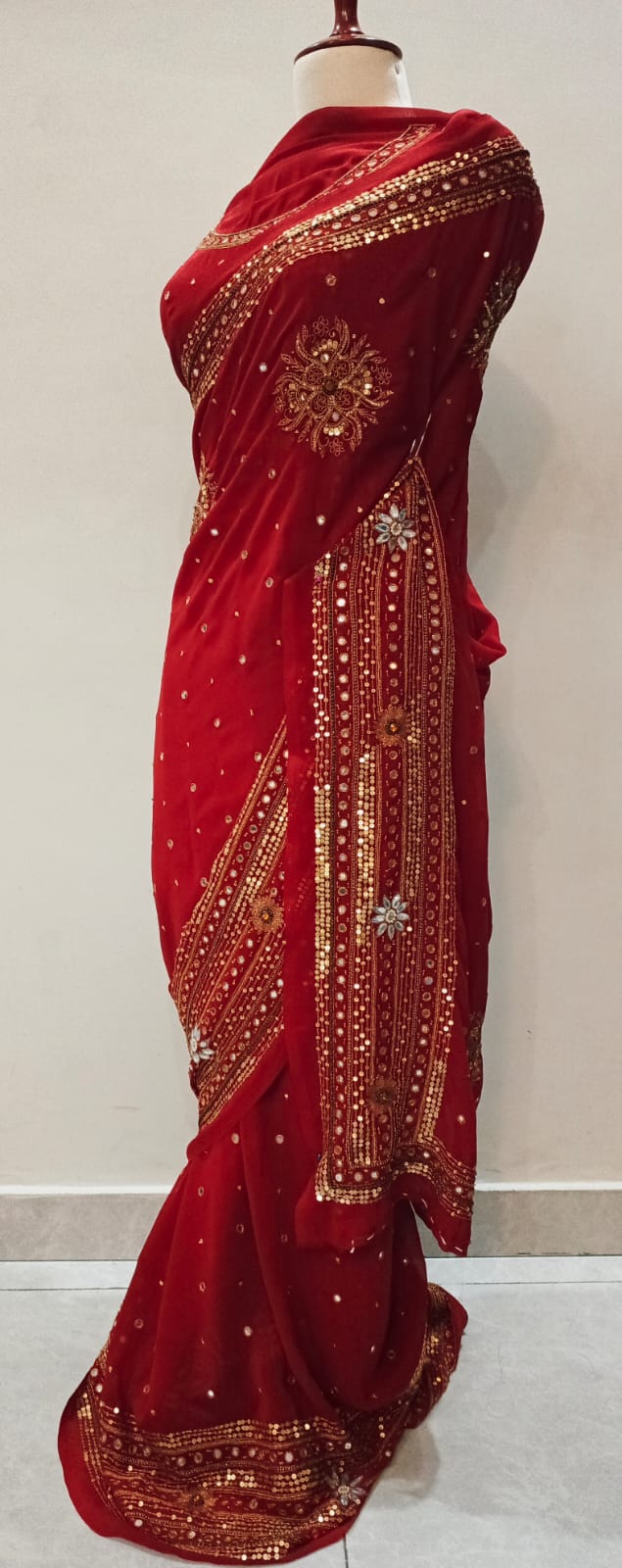 Bridal Red Georgette Chiffon Saree with Mirror Work
